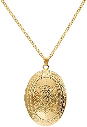 Vintage Engraved Flower Locket Picture Pendant Necklace Antique Carved Pattern Oval Heart Pendant Necklace For Women Girls Hold Picture Souvenir Memorial Jewelry