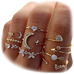 KISS WIFE Gold Stackable Moon Star Knuckle Rings Set for Women Teen Girls, Boho Dainty Lightweight Stacking Rings, Vintage Midi Rings Pack, Jewelry Gift for Her