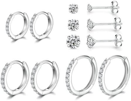 Dlihc Sterling Silver Hoop Earrings | Sterling Silver Stud Earrings for Women – 6 Pairs Hypoallergenic Tiny Cubic Zirconia Stud Earrings Set & Cartilage Earring Hoops for Girl