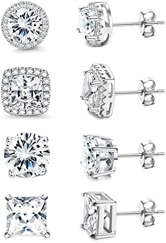MILACOLATO Cubic Zirconia Stud Earrings | 18K White Gold Hypoallergenic Sterling Silver Post Earrings | Big Brilliant Simulated Diamond Halo Stud Earrings for Women Men