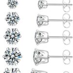 UHIBROS 6 Pairs Stainless Steel Stud Earrings Set Hypoallergenic Cubic Zirconia 14K White Gold 316L CZ Earrings
