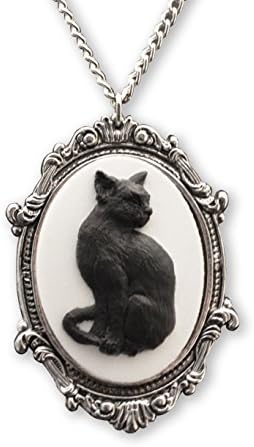 Real Metal Black Cat Cameo in Antique Silver Finish Pewter Frame Pendant Necklace