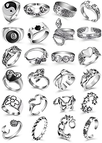 Vintage Silver Open Punk Rings for Men Women, 24PCS Adjustable Rings, Alt Rings, Chunky Silver Rings, Bulky Rings, Hippie Rings ,Cool Gothic Ring,Statement Stacking Ring, Skull Snake Star Flower Heart Eboy Emo Y2K Ring