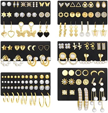68 Pairs Gold Stud Earrings for Women Multipack, Hypoallergenic Assorted Girls Earring Set Multiple Piercings,Cubic Zirconia Pearl Butterfly Stud Hoop Earring Pack