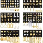 84 Pairs Gold Stud Earrings Set for Women Multipack, Fashion Pearl Cubic Zirconia Butterfly Earrings Packs Piercings, Hypoallergenic Stud Hoops Earrings for Gift
