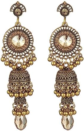 Vintage Jhumka Jhumki Tassel Drop Dangle Earrings Indian Ethnic Beaded Balls Bell Statement Oxidized Antique Traditional Earring for Women Girls Crystal Wedding Party Festival Bohemian Bollywood Jewelry Gift