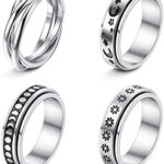 FUNRUN JEWELRY 4-6Pcs Stainless Steel Spinner Ring for Women Mens Fidget Band Rings Moon Star Celtic Stress Relieving Wide Wedding Promise Rings Set