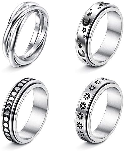 FUNRUN JEWELRY 4-6Pcs Stainless Steel Spinner Ring for Women Mens Fidget Band Rings Moon Star Celtic Stress Relieving Wide Wedding Promise Rings Set