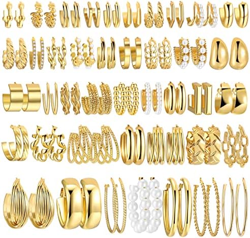 42 Pairs Gold Hoop Earrings Set for Women, Fashion Chunky Pearl Earrings Multipack Twisted Statement Earring Pack, Hypoallergenic Small Big Hoops Earrings for Birthday Party