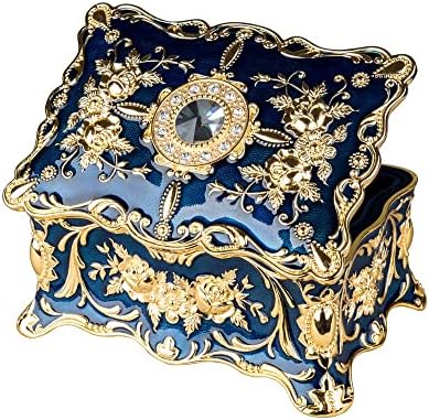 Feyarl Vintage Two Layers Rectangle Trinket Jewelry Box Ornate Ring Earrings Treasure Case Keepsake Box Organizer for Birthday Woman Girl Gift (Blue) 7.1 x 4.7 x 3.1 inches