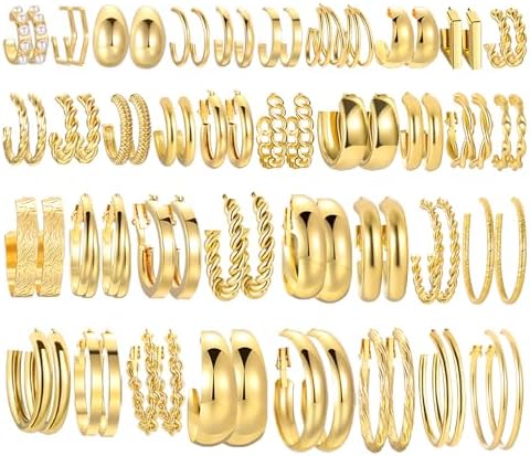 46 Pairs Gold Hoop Earrings Set for Women Girls, Fashion Hypoallergenic Chunky Twisted Pearl Stud Earrings Multipack, Small Big Hoops Earring Packs Trendy for Christmas Birthday Party Jewelry Gift