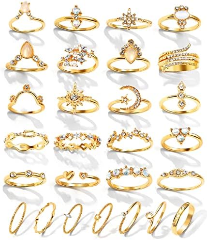 17IF Gold Boho Sparkle Knuckle Rings Set For Women Girl, Vintage Fashion Aesthetic Trendy Joint Snake Ring Pack, Retro Pink Rhinestone Assorted Moon Star Crystal Love Leaf Diamond Pearl Jewelry