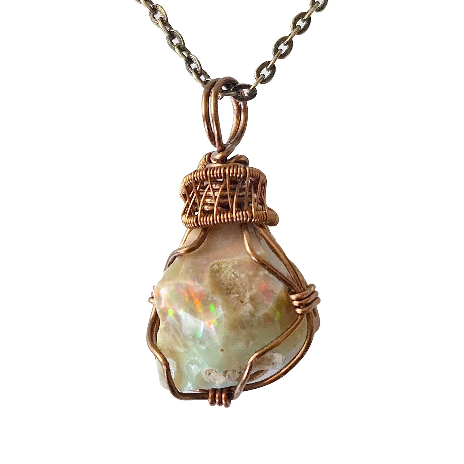 Designs by Nature Gems Handmade Women’s Fire Opal Necklace 24 Inch Chain Antique Bronze, October Birthstone, Libra Crystal, Valentine’s Day Gift